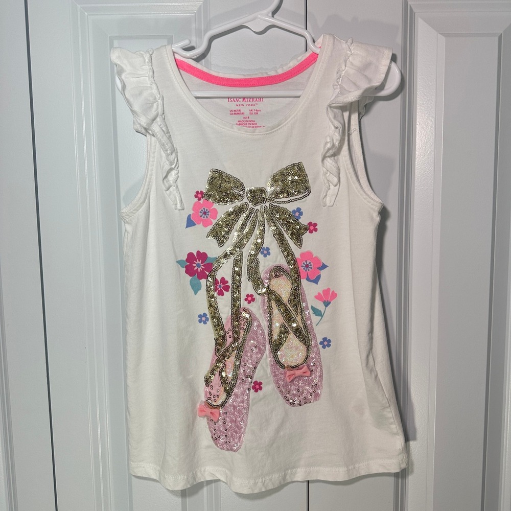Isaac Mizrahi Tank Top Girls 7/8 White Ballet Sequin Bow Ruffle Sleeveless Pink